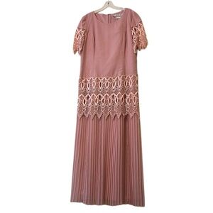 Vintage JONATHAN TAIT Dusty Pink Lace Trim Accordion Pleated Women's Midi Dress